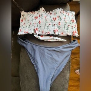 Strapless bikini w cute high waist bottoms.